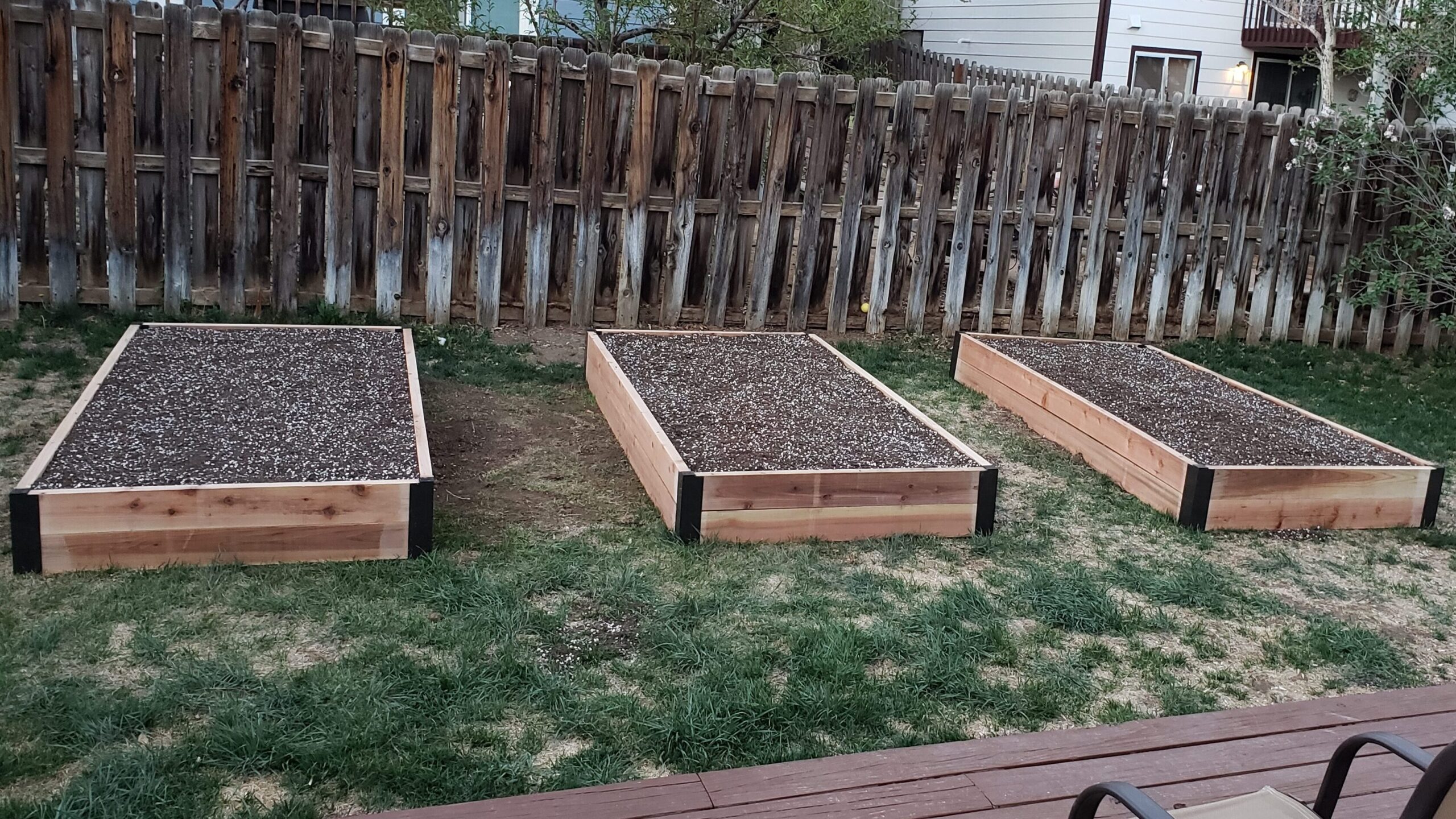 Three raised garden beds in a backyard.